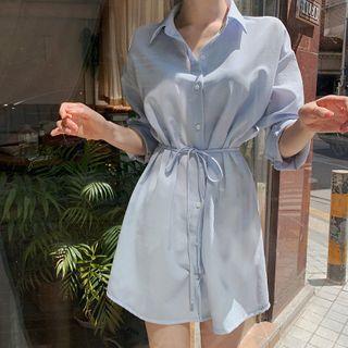 Plain Long-sleeve Tie-waist Mini Shirtdress