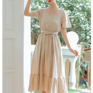 Short-sleeve Square-neck Plain Dress