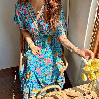 Wrap-front Frill-hem Maxi Floral Dress