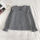 Color-block Check Long-sleeve Blouse Black - One Size