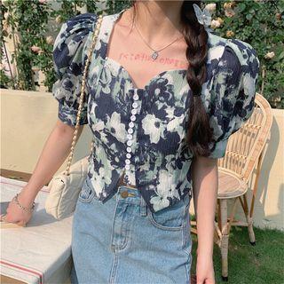 Puff-sleeve Floral Print Cropped Chiffon Top