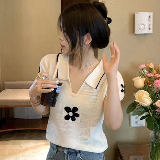 Short-sleeve Floral Knit Polo Shirt White - One Size