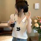 Short-sleeve Floral Knit Polo Shirt White - One Size