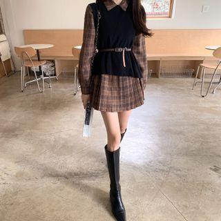 Set: Rib-knit Vest + Plaid Pleated Minidress With Belt