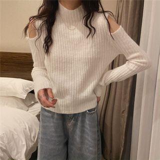 Semi High-neck Cold-shoulder Knit Top