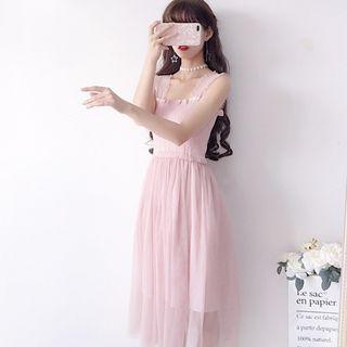 Wide-strap A-line Mesh Dress / Long Light Jacket