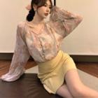 V-neck Chiffon Flower Print Blouse Shirt - As Figure - One Size
