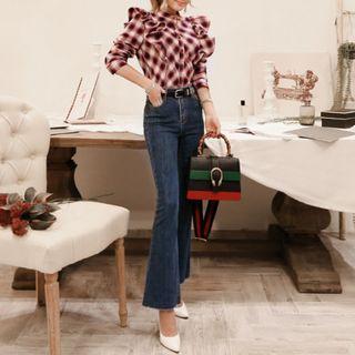 Set: Plaid Ruffled Shirt + Boot-cut Jeans