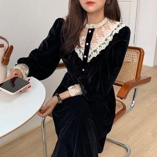 Long-sleeve Lace Panel Velvet Midi A-line Dress