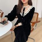 Long-sleeve Lace Panel Velvet Midi A-line Dress