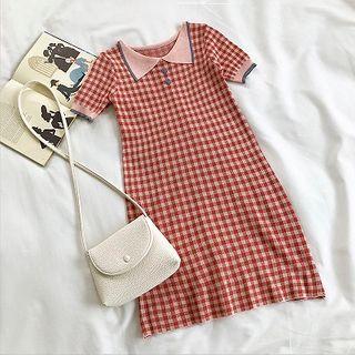 Short-sleeve Plaid Mini A-line Knit Dress Pink - One Size