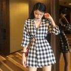3/4-sleeve Check V-neck A-line Dress Black & White - One Size