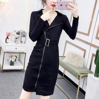 Long-sleeve Belted Zip-up Mini Bodycon Dress