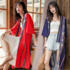 Fringed Trim Open Front Long Jacket