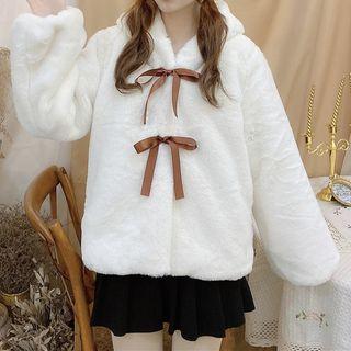 Bear Ear Hooded Fleece Button-up Jacket