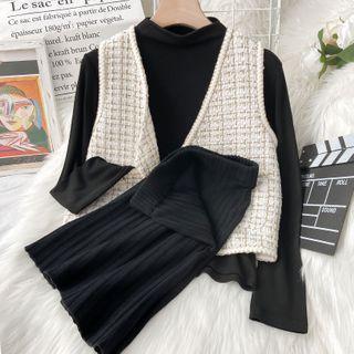 Long-sleeve Mock Neck T-shirt / Mini A-line Skirt / Tweed Vest