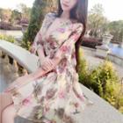 Flower Print Bell-sleeve Mini A-line Chiffon Dress