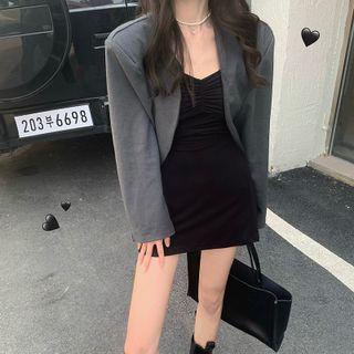 Open Front Cropped Blazer / Spaghetti Strap Mini Sheath Dress