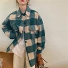 Collared Single-breasted Gingham Jacket Plaid - Green - One Size