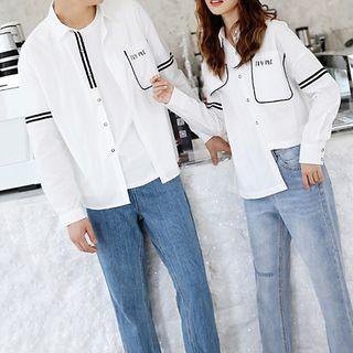 Couple Matching Lettering Striped Shirt
