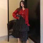 V-neck Cardigan / Dotted Midi A-line Tiered Skirt