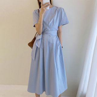 Crewneck Plain Drawstring A-line Dress