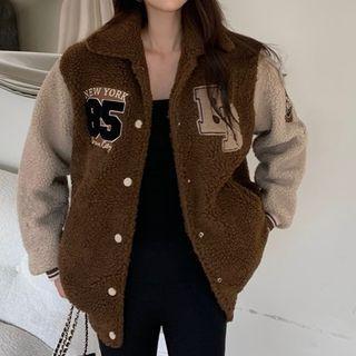 Lettering Embroidered Collared Fleece Button Jacket Jacket - Brown - One Size
