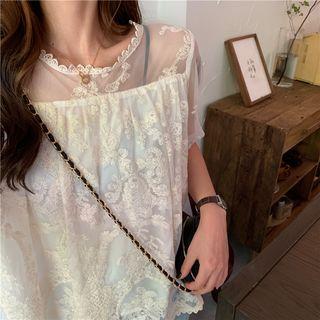Lace Short-sleeve Sheer Top As Figure - One Size