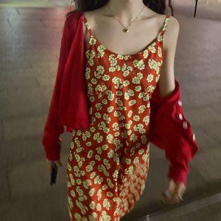 Floral Strappy A-line Dress / Cardigan