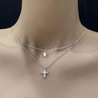 Rhinestone Cross Pendant Layered Necklace Silver - One Size