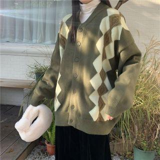 Long-sleeve Plaid Knit  Cardigan