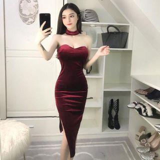 Set: Midi Sheath Velvet Tube Dress+ Choker