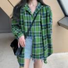 Mock Two-piece Long-sleeve Plaid Shirt Dress Green - One Size
