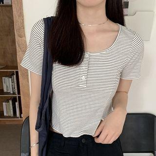 Short-sleeve Striped Henley Top