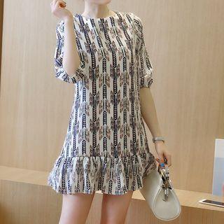 3/4-sleeve Printed Ruffle Dress