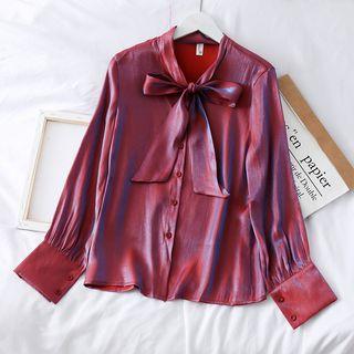Ribbon-neckline Loose-fit Satin Shirt