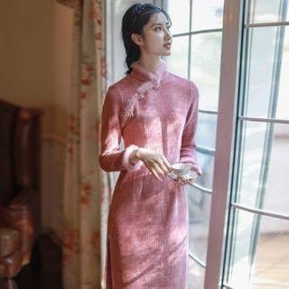Furry Trim Long-sleeve Midi Corduroy Qipao