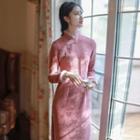 Furry Trim Long-sleeve Midi Corduroy Qipao