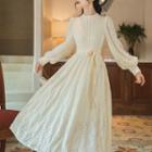 Long-sleeve Lace Panel Knit Midi A-line Dress