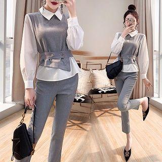 Set: Mock Two-piece Blouse + Cropped Straight-fit Pants