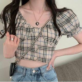 Short-sleeve Plaid Cropped Blouse / Wide Leg Jeans