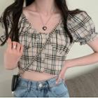 Short-sleeve Plaid Cropped Blouse / Wide Leg Jeans