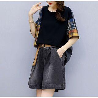 Set: Short-sleeve Plaid Panel T-shirt + Denim Shorts