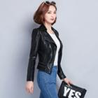 Faux-leather Notched-lapel Zip Jacket