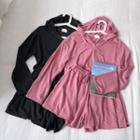 Set:plain V-neck Long-sleeve Hooded Sweatshirt + Plain Lace-up Shorts