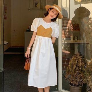 Mock Two-piece Puff-sleeve Two-tone Midi A-line Dress