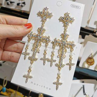 Rhinestone Cross Fringed Earring 1 Pair - Gold & Transparent - One Size