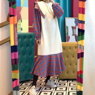 Puff-sleeve Plaid Panel Midi Dress Red & Almond & Blue - One Size