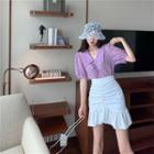 V Collar Puff-sleeved Top / Skirt