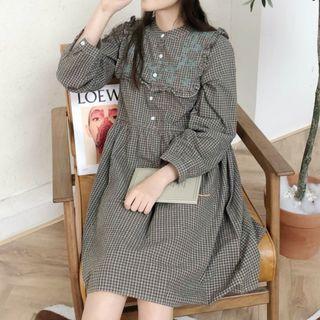 Long-sleeve Plaid Dress Gray - One Size
